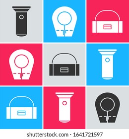 Set Flashlight, Diving hood and Case or box container for wobbler icon. Vector