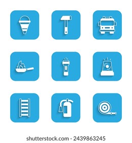 Set Flashlight, Fire extinguisher, hose reel, Flasher siren, escape, Pan with fire, truck and cone bucket icon. Vector