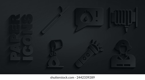 Set Flashlight, Fire hose reel, Bucket extinguishing fire, Firefighter, Telephone call 911 and Metal pike pole icon. Vector