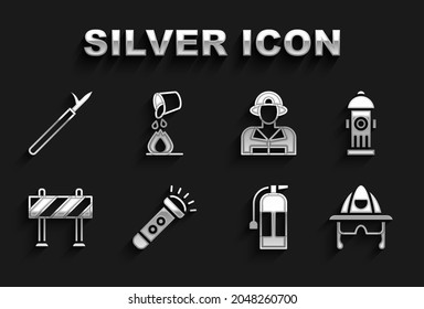Set Flashlight, Fire hydrant, Firefighter helmet, extinguisher, Road barrier, Metal pike pole and Bucket extinguishing fire icon. Vector