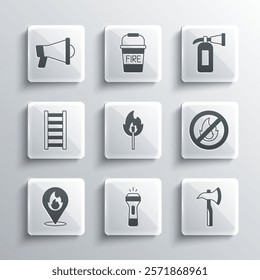 Set Flashlight, Firefighter axe, No fire, Burning match with, Location flame, escape, Megaphone and extinguisher icon. Vector