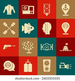Set Flashlight, Floating buoy on the sea, Scallop shell, Gauge scale, Fish, Paddle, Wetsuit and Diving hood icon. Vector