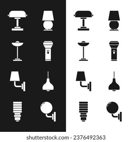 Set Flashlight, Floor lamp, Table, Wall sconce, Lamp hanging,  and LED bulb icon. Vector