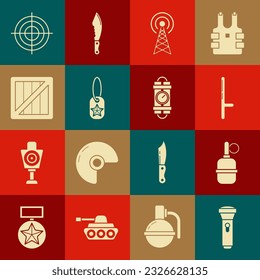 Set Flashlight, Hand grenade, Police rubber baton, Radar, Military dog tag, ammunition box, Target sport for shooting competition and Detonate dynamite bomb stick timer clock icon. Vector