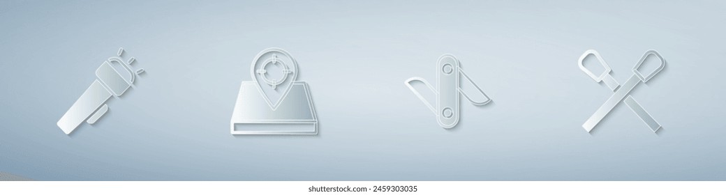 Set Flashlight, Hunt place, Swiss army knife and Burning match with fire. Paper art style. Vector