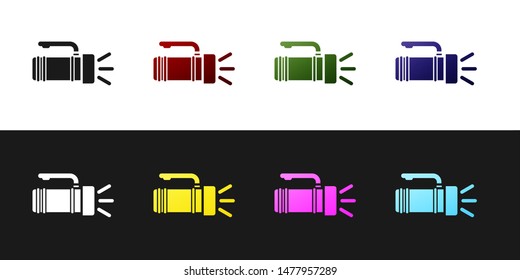 Set Flashlight icon isolated on black and white background. Tourist flashlight handle.  Vector Illustration