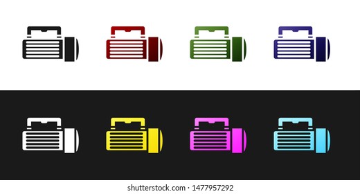 Set Flashlight icon isolated on black and white background. Tourist flashlight handle.  Vector Illustration