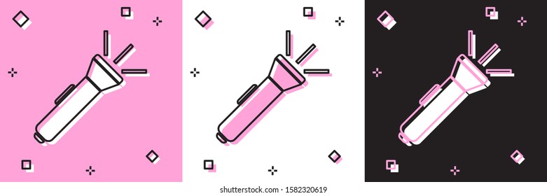 Set Flashlight icon isolated on pink and white, black background.  Vector Illustration