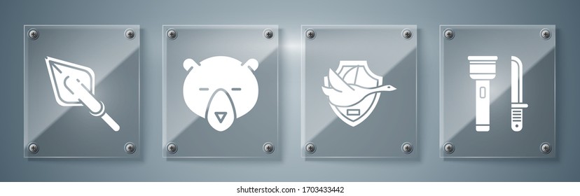 Set Flashlight and knife, Flying duck on shield, Bear head and Hipster arrow tip. Square glass panels. Vector