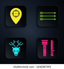 Set Flashlight and knife, Hunt place, Deer head with antlers and Hipster arrows. Black square button. Vector