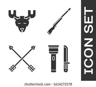 Set Flashlight and knife, Moose head with horns, Crossed arrows and Hunting gun icon. Vector