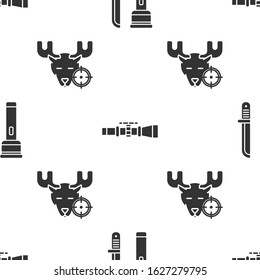 Set Flashlight and knife, Sniper optical sight and Hunt on moose with crosshairs on seamless pattern. Vector