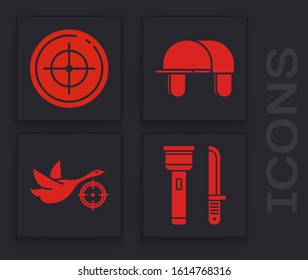 Set Flashlight and knife, Target sport for shooting competition, Hunter hat and Hunt on duck with crosshairs icon. Vector