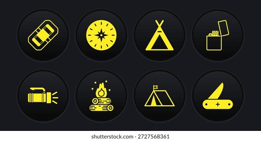 Set Taschenlampe, Feuerzeug, Lagerfeuer, Touristenzelt mit Flagge, Kompass, Schweizer Armeemesser und Rafting-Boot-Symbol. Vektorgrafik