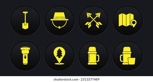 Set Flashlight, Location of the forest on map, Thermos container, Crossed arrows, Camping hat, and cup and Shovel icon. Vector