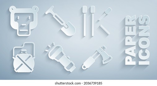 Set Flashlight, Matches, Canteen water bottle, Wooden axe, Shovel and Monkey icon. Vector