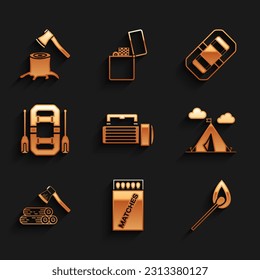 Set Flashlight, Open matchbox and matches, Burning with fire, Tourist tent flag, Wooden axe wood, Rafting boat,  and stump icon. Vector