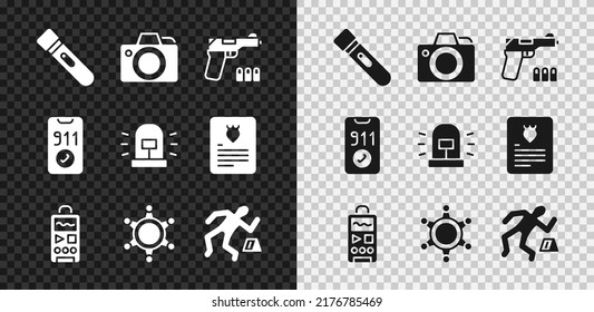 Set Flashlight, Photo camera, Pistol or gun, Dictaphone, Hexagram sheriff, Crime scene, Telephone call 911 and Flasher siren icon. Vector