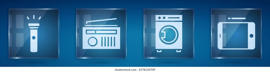 Set Flashlight, Radio with antenna, Washer and Graphic tablet. Square glass panels. Vector