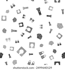 Set Flashlight, Rubber flippers, Scallop sea shell and Life jacket on seamless pattern. Vector