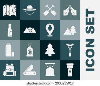 Set Flashlight, Sausage on the fork, Mountains with tree, Paddle, Bottle of water, Location forest map and  icon. Vector