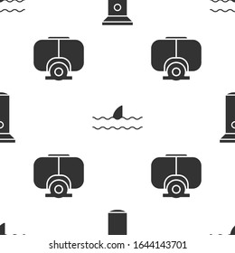 Set Flashlight, Shark fin in ocean wave and Diving mask on seamless pattern. Vector