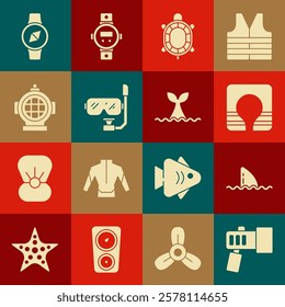 Set Flashlight, Shark fin in ocean wave, Life jacket, Turtle, Diving mask and snorkel, Aqualung, Compass and Whale tail icon. Vector