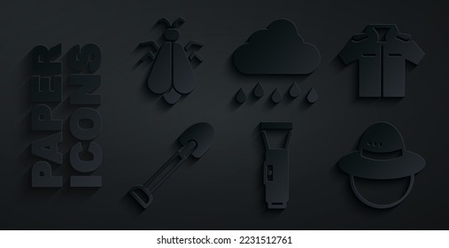 Set Flashlight, Shirt, Shovel, Camping hat, Cloud with rain and Mosquito icon. Vector