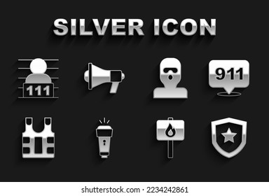 Set Flashlight, Telephone call 911, Police badge, Protest, Bulletproof vest, Thief mask, Suspect criminal and Megaphone icon. Vector