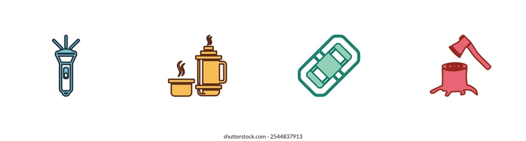 Set Flashlight, Thermos container, Rafting boat and Wooden axe stump icon. Vector