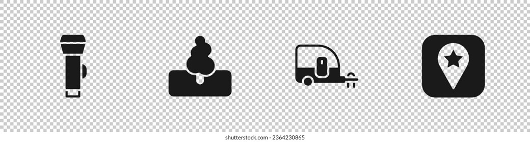 Setzen Sie Flashlight, Baum, Rv Camping Trailer und Standort für Camping Icon. Vektorgrafik