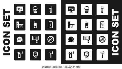 Set Flashlight, Walkie talkie, Building of fire station, Emergency call, Mobile emergency 911, Fire bucket, No and  icon. Vector