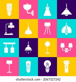 Ajuste la linterna, la lámpara de pared o el espacio, la lámpara de araña, la lámpara colgante, la mesa, la lámpara LED y el icono del suelo. Vector