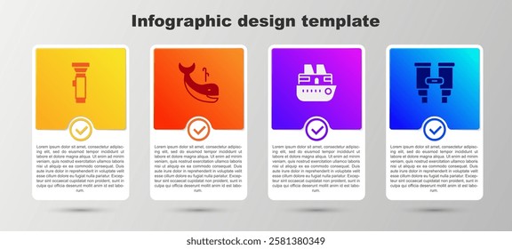 Set Flashlight, Whale, Cruise ship and Binoculars. Business infographic template. Vector