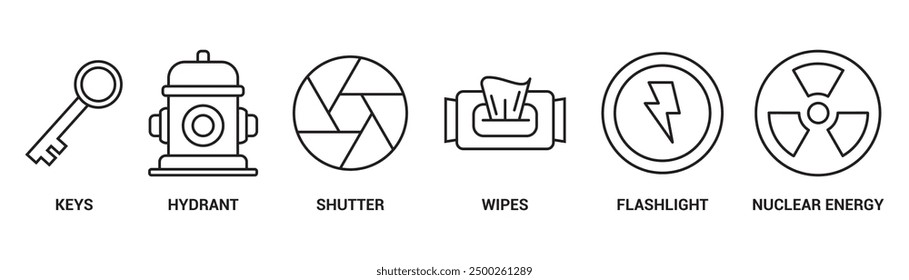 Set of Flashlight, Wipes, Shutter, Hydrant, Keys, nuclear energy icons, collection of clean line icon, illustrations with stock vector.