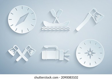 Enlaza, hacha de madera, madera cruzada, brújula, barco de Rafting e icono. Vector