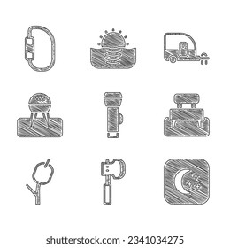 Set Flashlight, Wooden axe, Moon and stars, Bench, Marshmallow stick, Barbecue grill, Rv Camping trailer and Carabiner icon. Vector