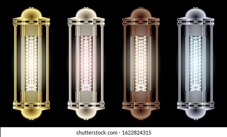 Set flashlights from different metals steampunk style. LED color lamps in metal casing with glass pipe. Detailed realistic vector illustration stock.