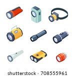Set of flashlights or torches portable hand-held electric lights realistic vectors isolated on white. Spotlights with a large reflector and LED lamps