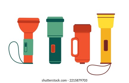 Set of flashlights and torches, tourist portable handheld electric lights. Isolated flat vector illustration