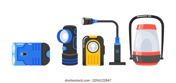 Set of Flashlights Of Various Sizes And Colors. Lamps with Sturdy, Ergonomic Grip And Long-lasting Batteries