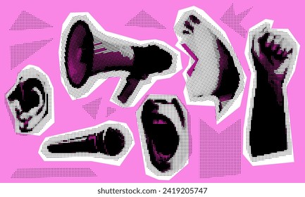 A set of flashy motifs in grunge pop art collages. Elements of a paper collage. Open mouth, microphone, scream, hand, ear, profile. Vector illustration. The aesthetics of grunge punk. Black, Pink