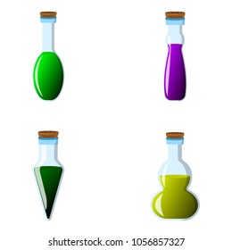Set of flask and bottle icon. Label of fantasy potion and elixir. Cartoon style. Vector illustration logo.