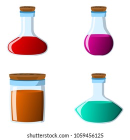Set of flask and bottle icon. Label of fantasy potion and elixir. Cartoon style. Vector illustration logo.