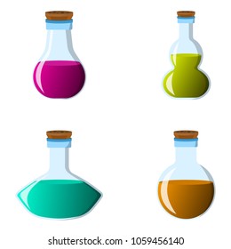 Set of flask and bottle icon. Label of fantasy potion and elixir. Cartoon style. Vector illustration logo.