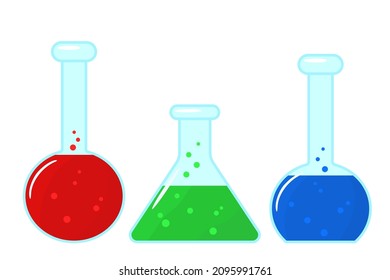 Un conjunto de frascos con un líquido químico brillante. Ilustración vectorial plana simple