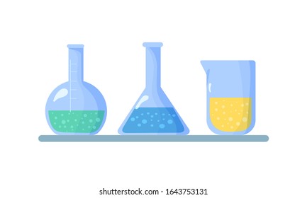 Set of flasks. Flasks with chemical liquids. Chemical laboratory biology of science and technology. Biology science education the study virus, molecule, atom, dna. Vector illustration. EPS 10.