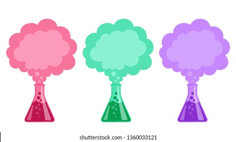 Set of flasks. Colorful smoke coming out of flask. Chemical reaction. Magical reaction. Vector illustration, flat cartoon style. Isolated on white background.