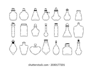 A set of flasks icons for creating magic bottles. Vector set of glass flasks isolated on white background. Can be used to create a logo.