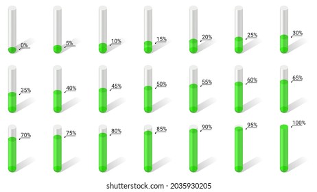 Set of flasks for infographics. The liquid is green. Percentages from 0 to 100 in increments of 5. Vector illustration.